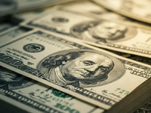 Stacks of American hundred dollar bills. One stack in the foreground is in focus while other stacks in the background are blurred.