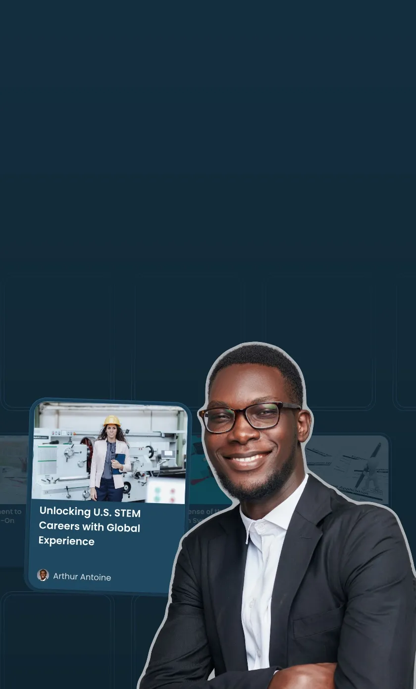 A man in a formal shirt, seeking career help as a U.S. immigrant, chooses a STEM class from many options surrounding him.