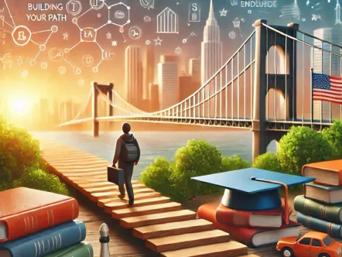 An illustration featuring a student with a backpack and a suitcase crossing a bridge across a body of water and moving towards a city. There is an american flag and books in the foreground.